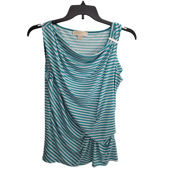 Michael Michael Kors Shirt Womens Large Teal White Stripe Draped Sleeveless Knot - Picture 1 of 6